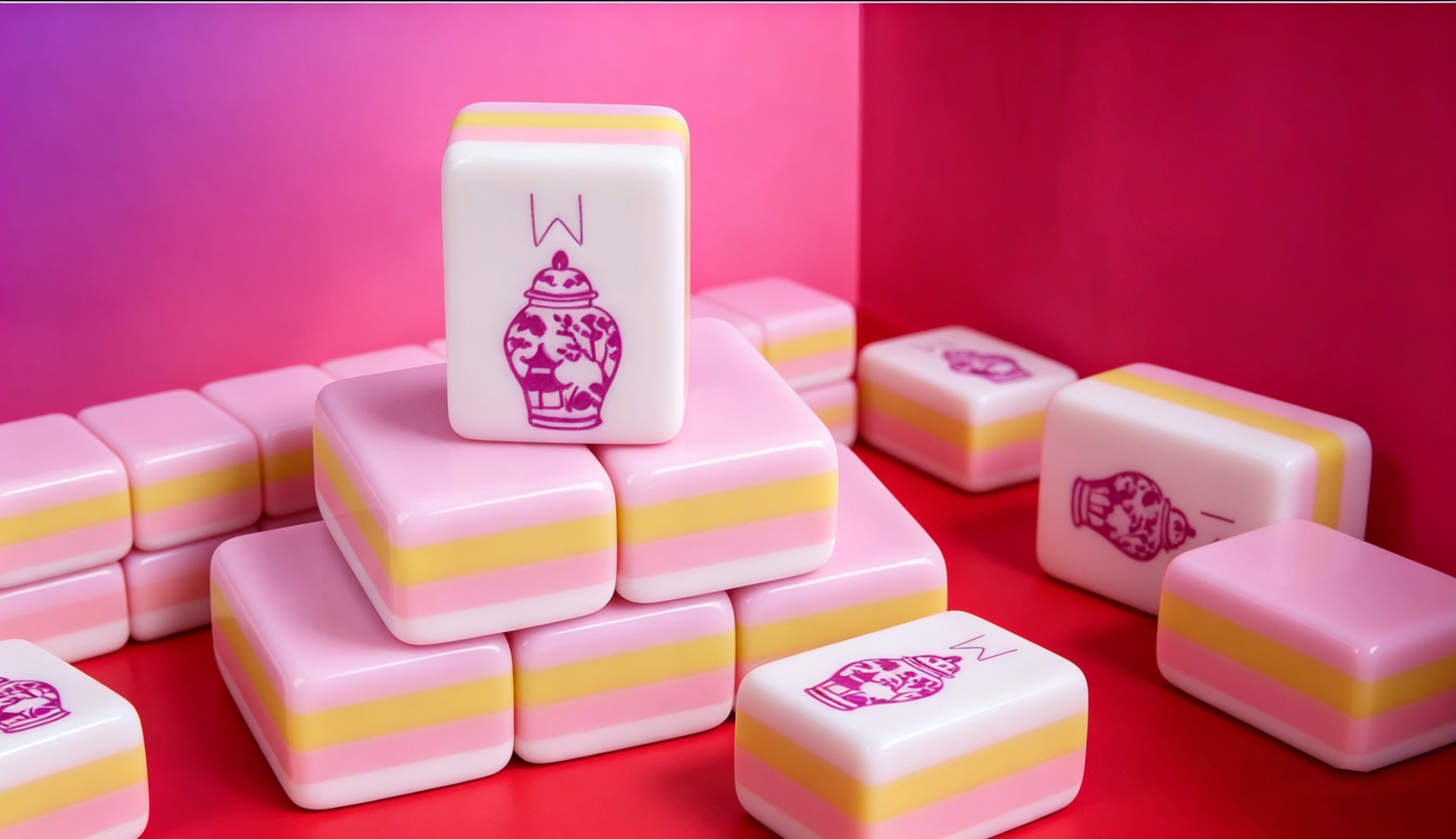 Pink and yellow ceramic tiles with a logo on a pink background