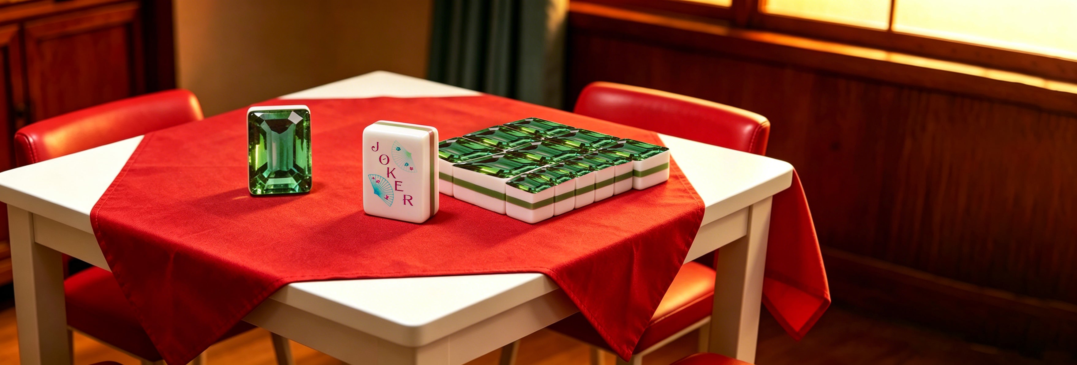 Table with a red tablecloth, green decorative items, and chairs in a room.