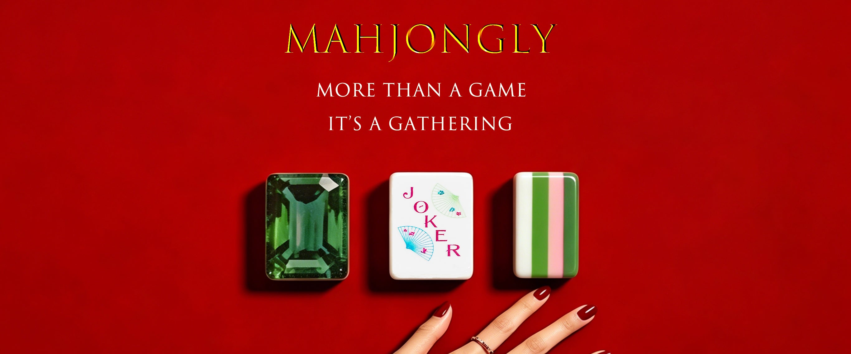 Mahjongly game packaging with cards and a joker card on a red background