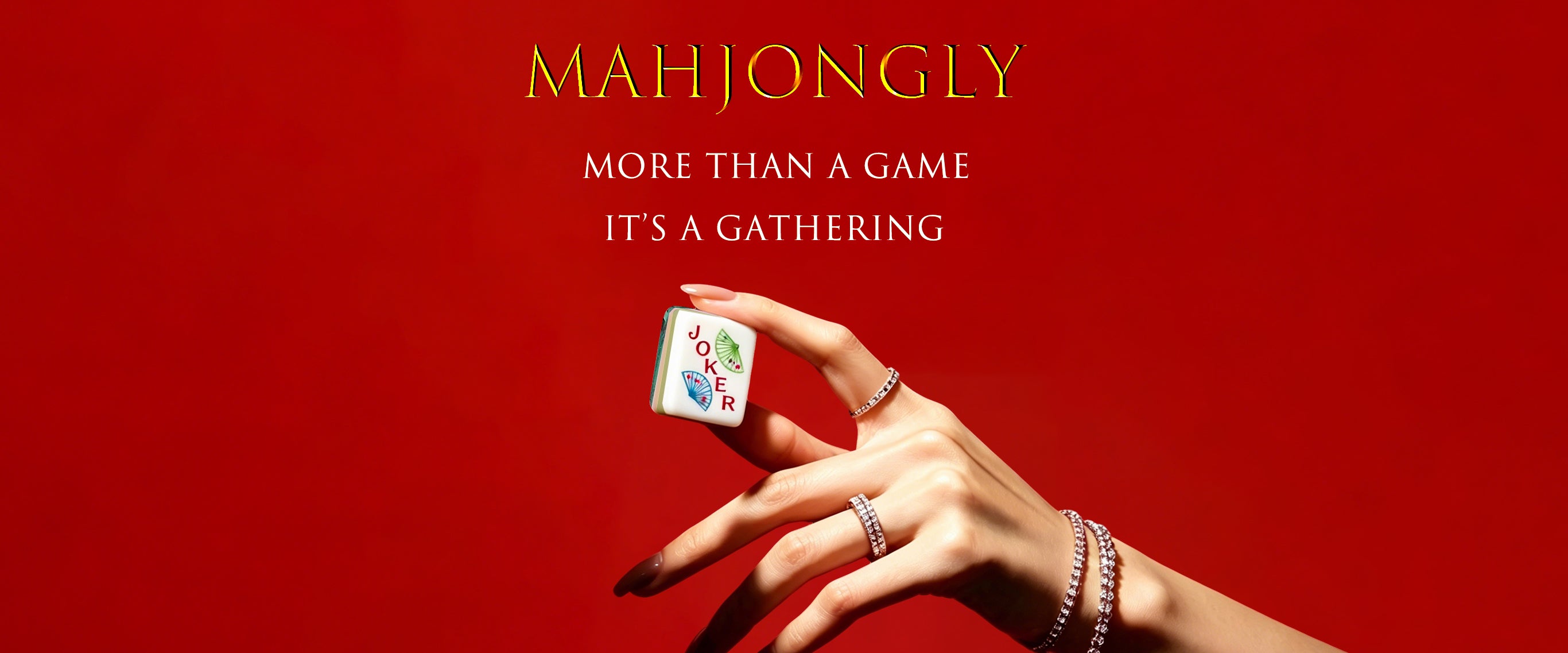 Hand holding a Mahjong tile against a red background with 'Mahjongly' branding.